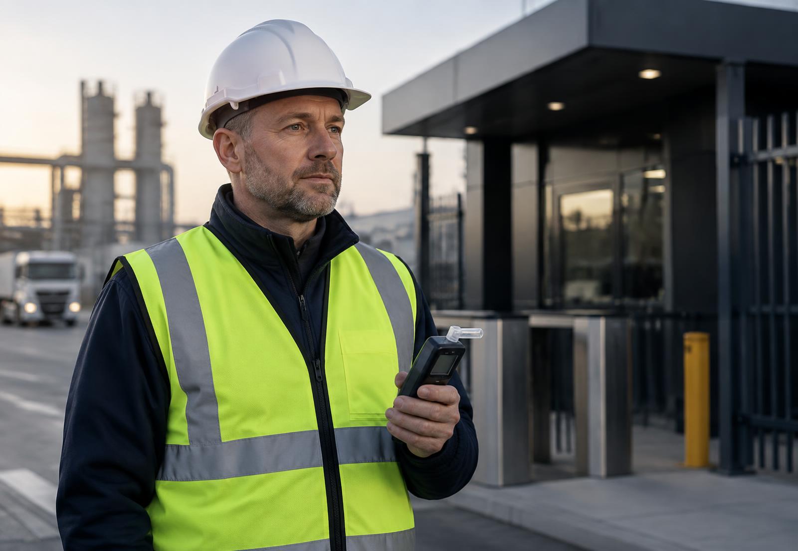 Safety officer using a professional breathalyser at a site entrance